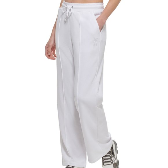 Dkny Pants - White Pintuck Logo Drawstring Pocket Wide-Leg Pants